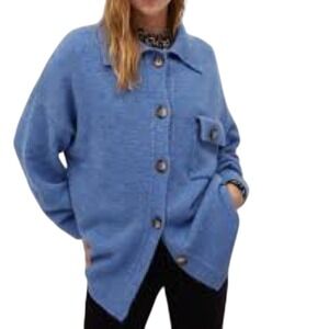 MNG Oversized Button-Up Sweater Cardigan Shirt Blue Soft Cozy Casual